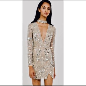 Peace and love nude wrap jeweled dress